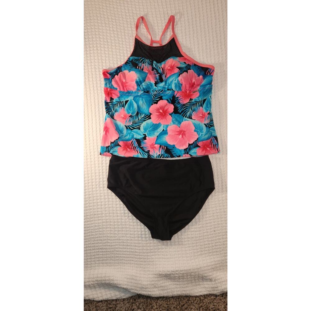 ZeroXposur Tankini Swimsuit 2pc Set Sz XL Tropical Floral Pink Blue Black Mesh